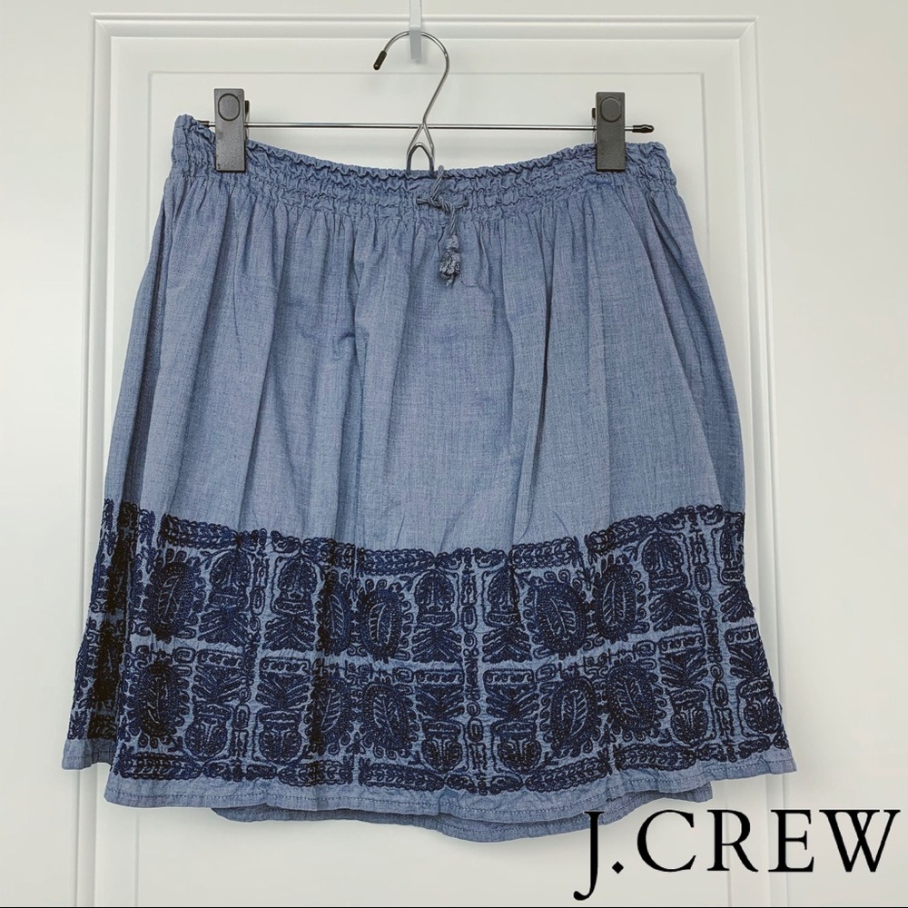 J.Crew Chambray Embroidered Mini Skirt Blue‎ Elastic Waist Drawstring Womens S